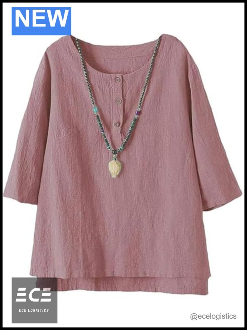 Cotton Linen Jacquard Blouse 3/4 Sleeve Button Down Top